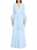 Pale Blue Feather-Trimmed Evening Gown