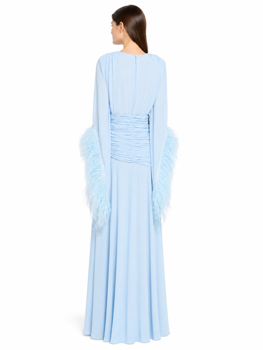 Pale Blue Feather-Trimmed Evening Gown